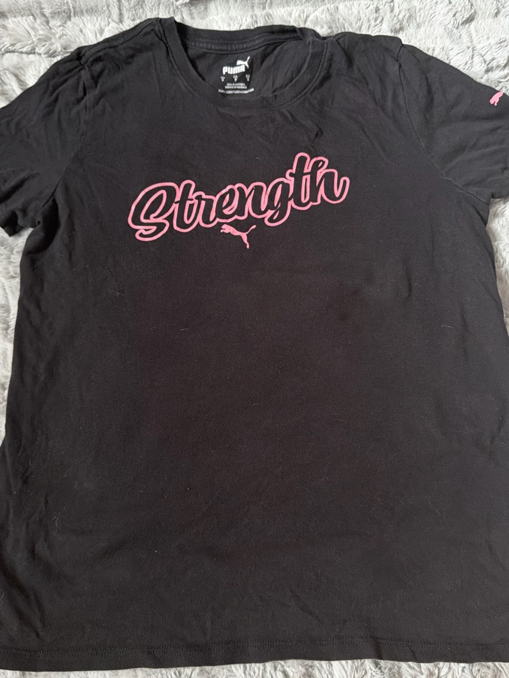 Puma Black Short Sleeve Tee with Pink "Strength" Script